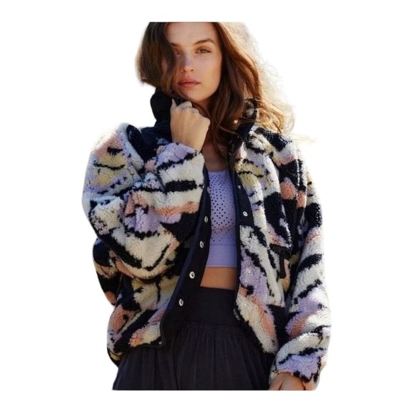 Free People Hit The Slopes Rocky Ridge Fleece Jacket Black Combo Size M - Picture 15 of 16